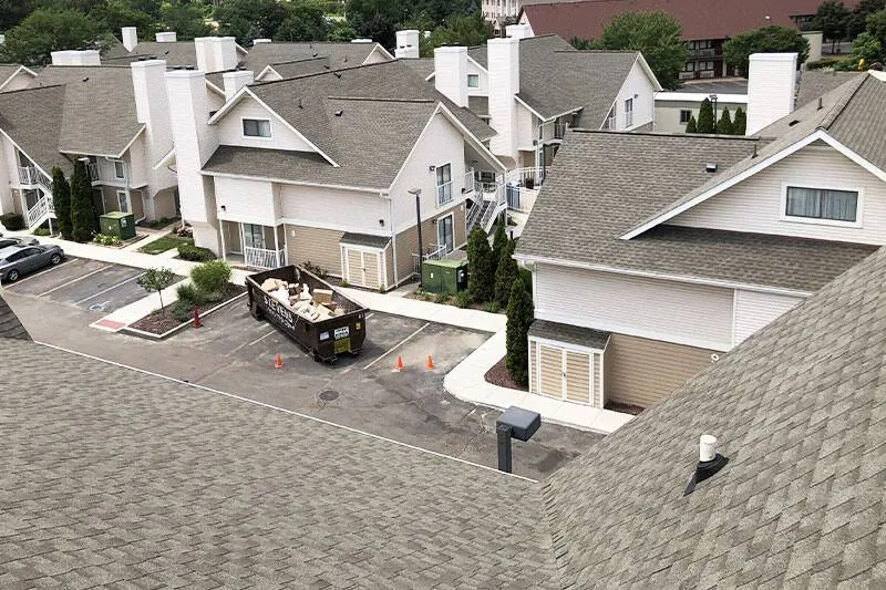 Multi-family building roofs seen from above after completion