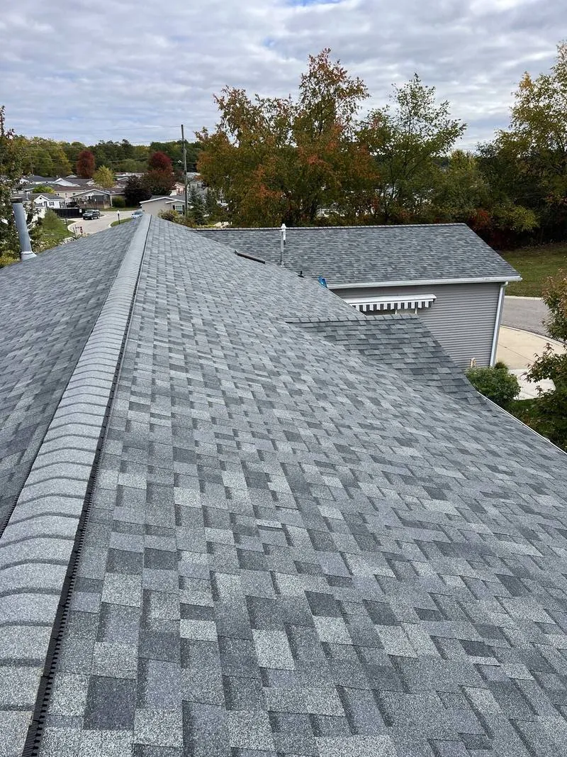 Ridge and hip lines running clean across a finished roof