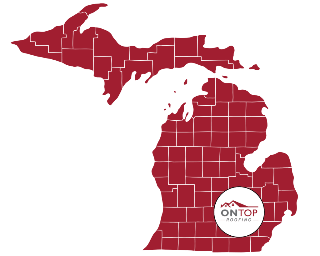 A red map of michigan with each county filled in solid red, featuring the "ontop roofing" logo positioned centrally over the lower peninsula.