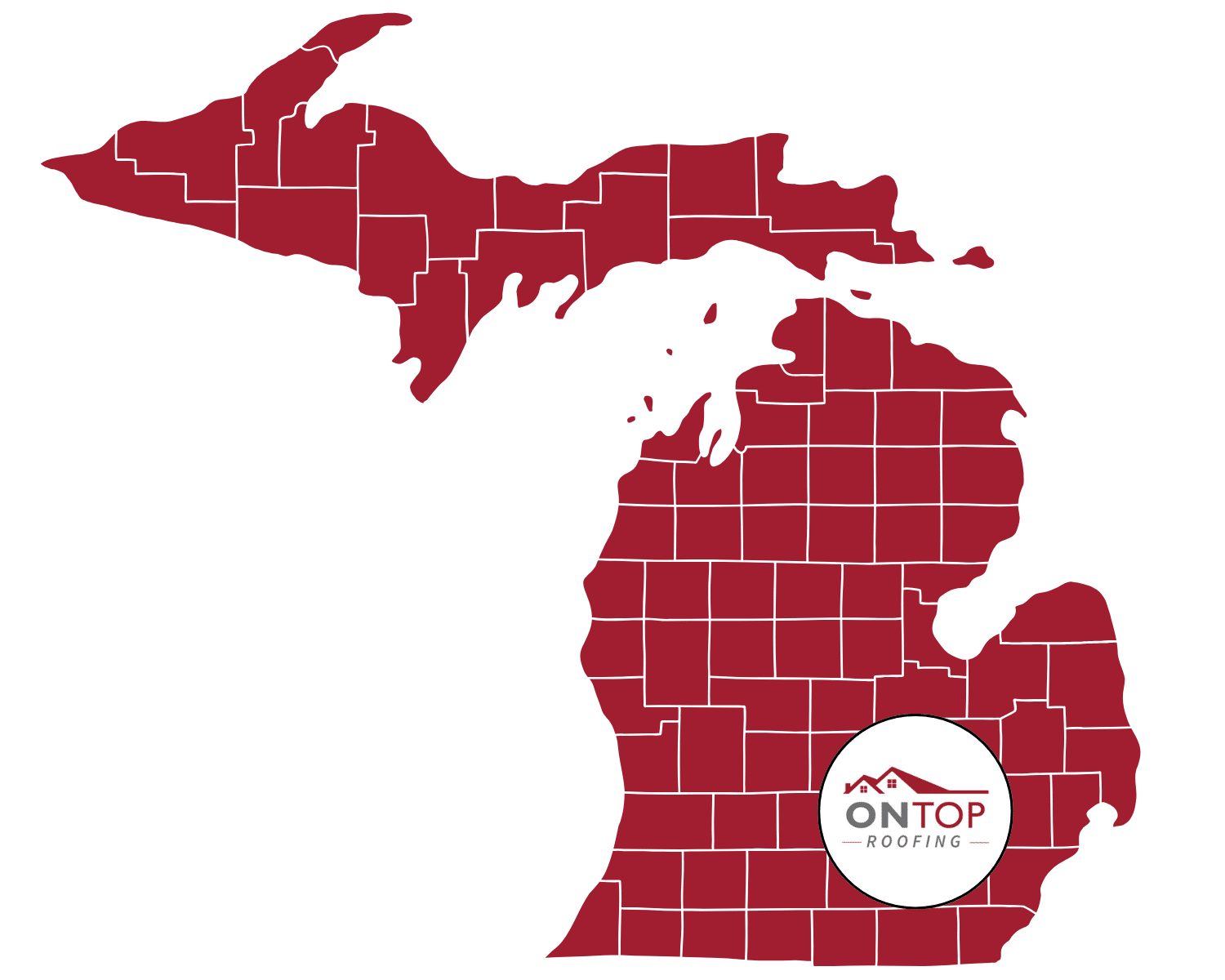 A red map of michigan with each county filled in solid red, featuring the "ontop roofing" logo positioned centrally over the lower peninsula.