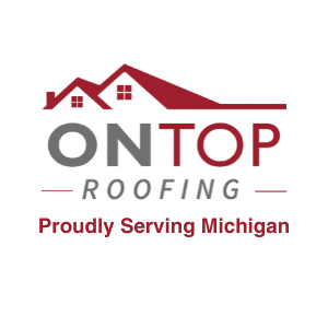 A logo for "On Top Roofing" with a graphic of red rooftops and text stating "Proudly Serving Michigan.