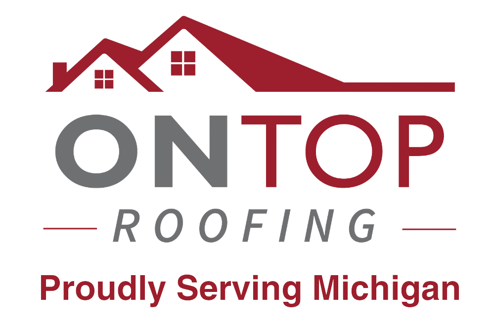Logo for On Top Roofing featuring an illustration of two houses with red roofs. Tagline below reads "Proudly Serving Michigan.