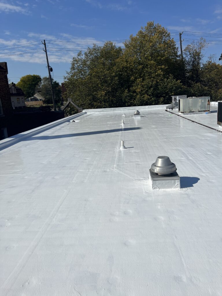 A flat rooftop with various fixtures and a white coating, set against a backdrop of trees and a blue sky.