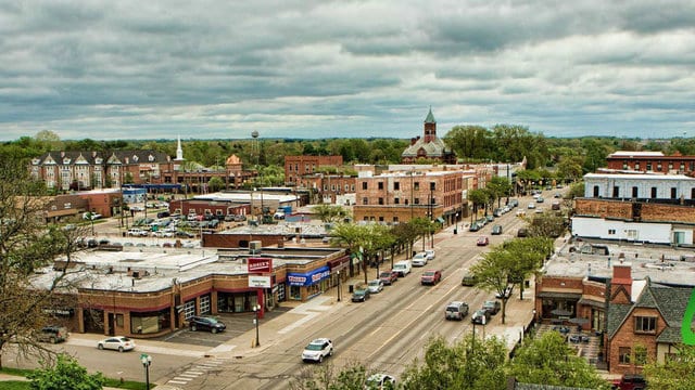Aerial view of a small town in the summer