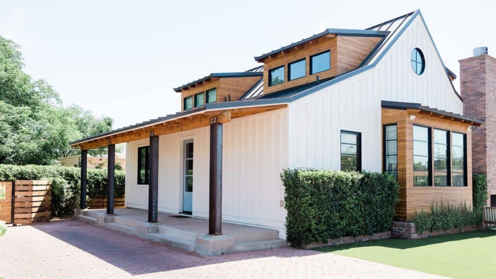 Modern farmhouse with white board-and-batten siding